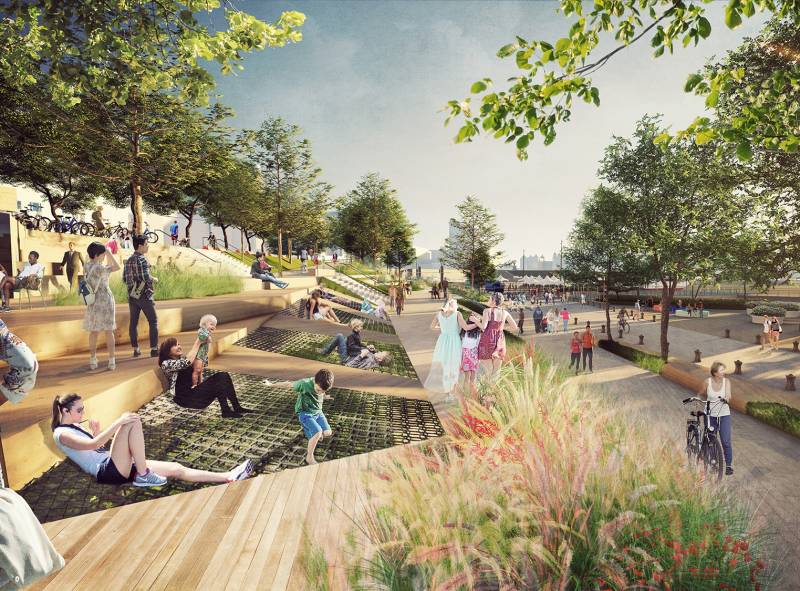 Rendering of Ship Point waterfront harbour at street level, reimagining it a pedestrian-centred area that retains access to the water and Victoria’s Downtown.