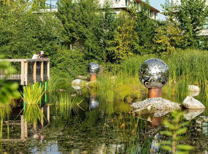 A group of people stand on a lookout overlooking the wetland at the lelem Village development.