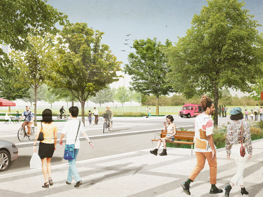 Rendering of W 43rd Avenue, showing a pedestrians walking around an urban plaza.
