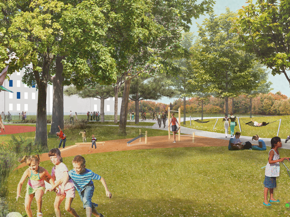Rendering of play area at Columbia Park, showing children playing soccer and adults using outdoor fitness equipment.