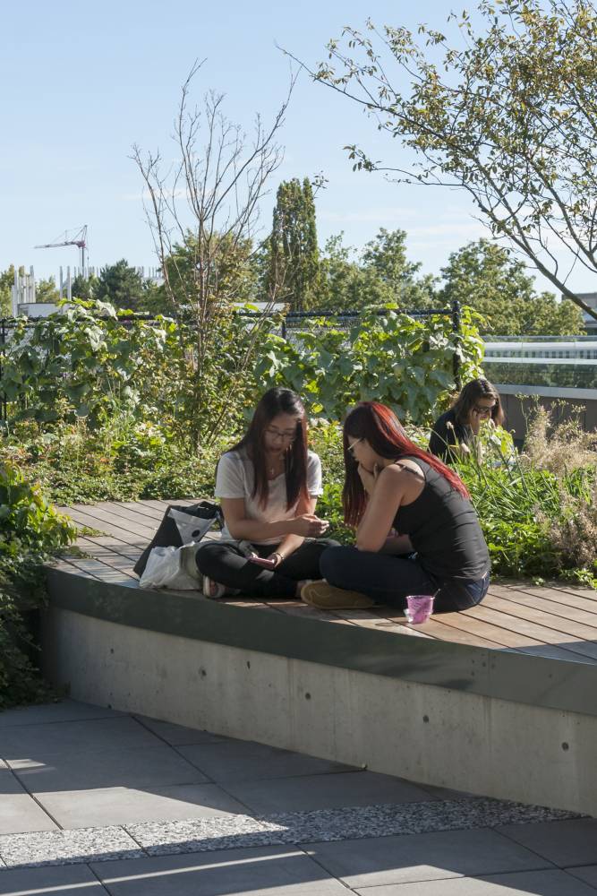 Two friends chat while sat on one of the planter seating beds.