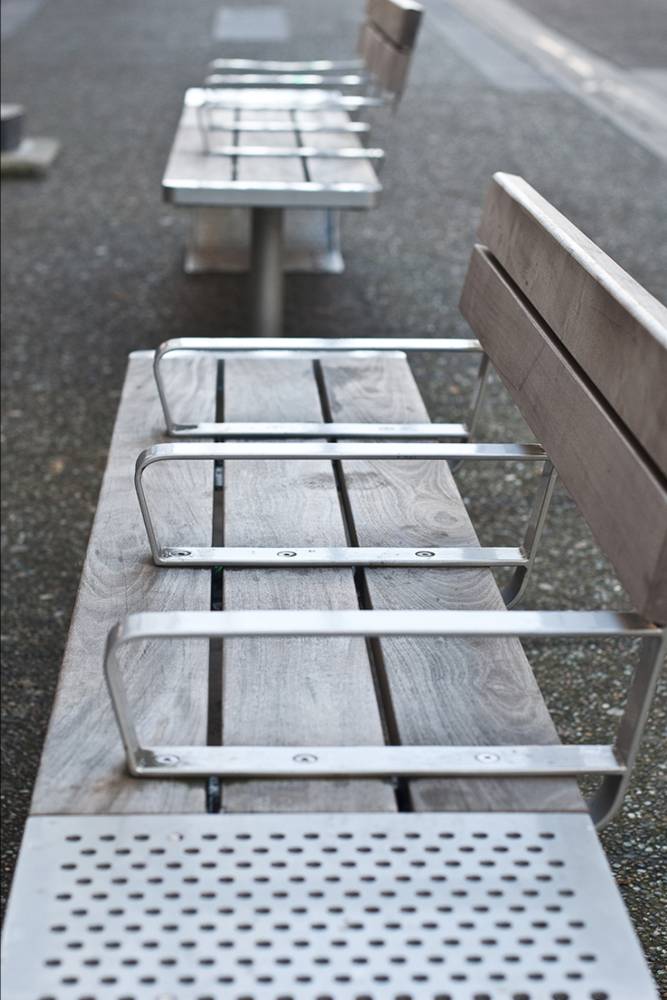 Close up of custom benches at Granville Street.
