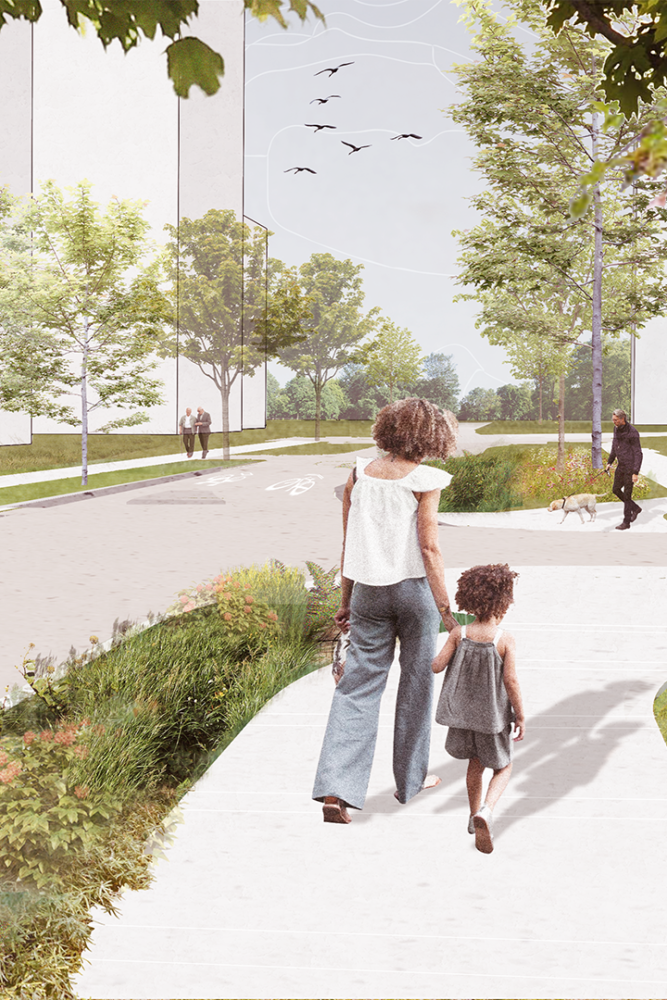Rendering of Alberta Street and W 40 Avenue, showing pedestrians walking alongside boulevard planting.