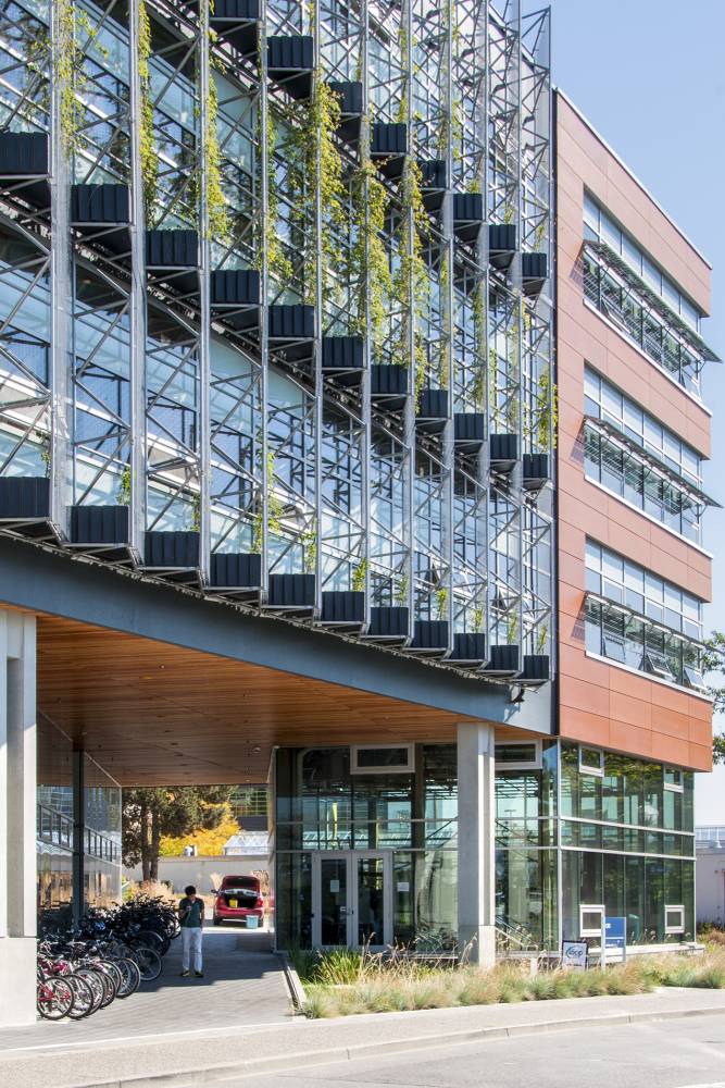Photo of CIRS building exterior planting and bike rack as a student walks by.