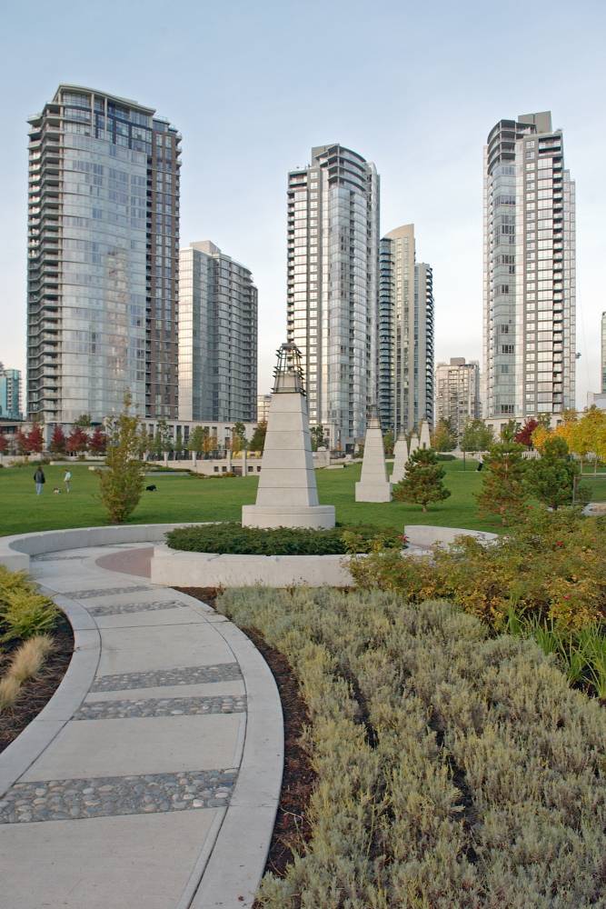 Photo of George Wainborn Park sidewalk and planting.