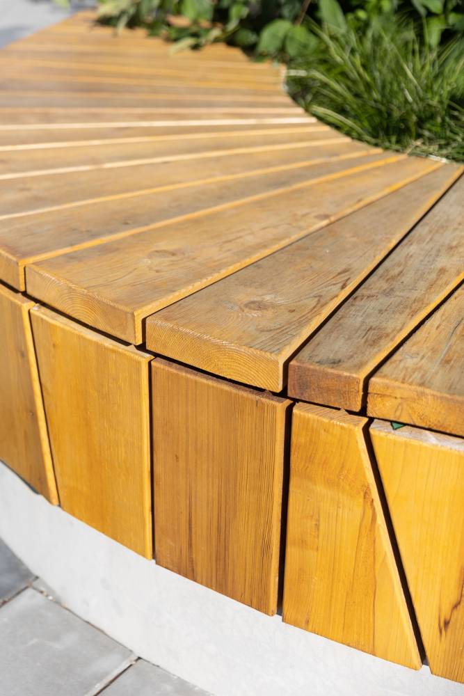 Photo of cedar bench detail.