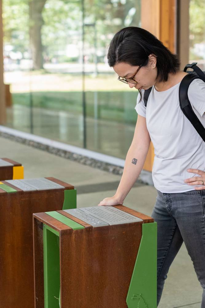 Photo of person reading interpretive sign.