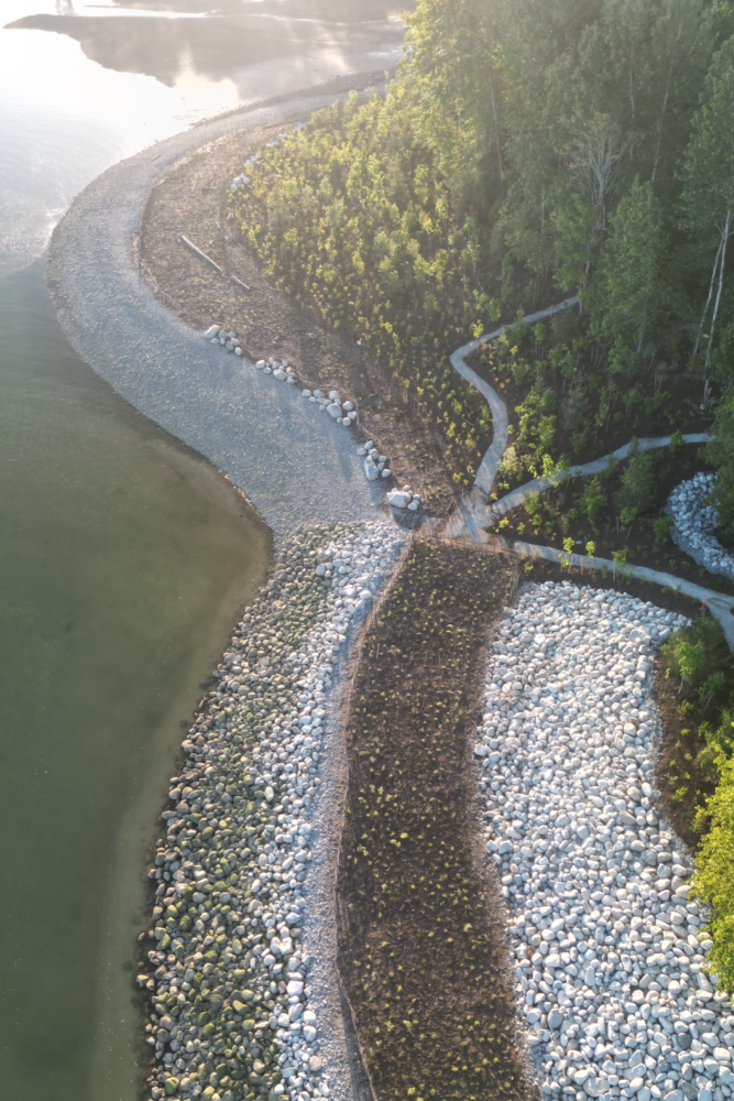 restored shoreline drone image