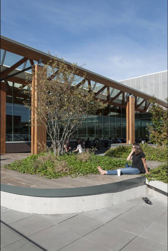 A woman lounges on one of the seated planter beds.