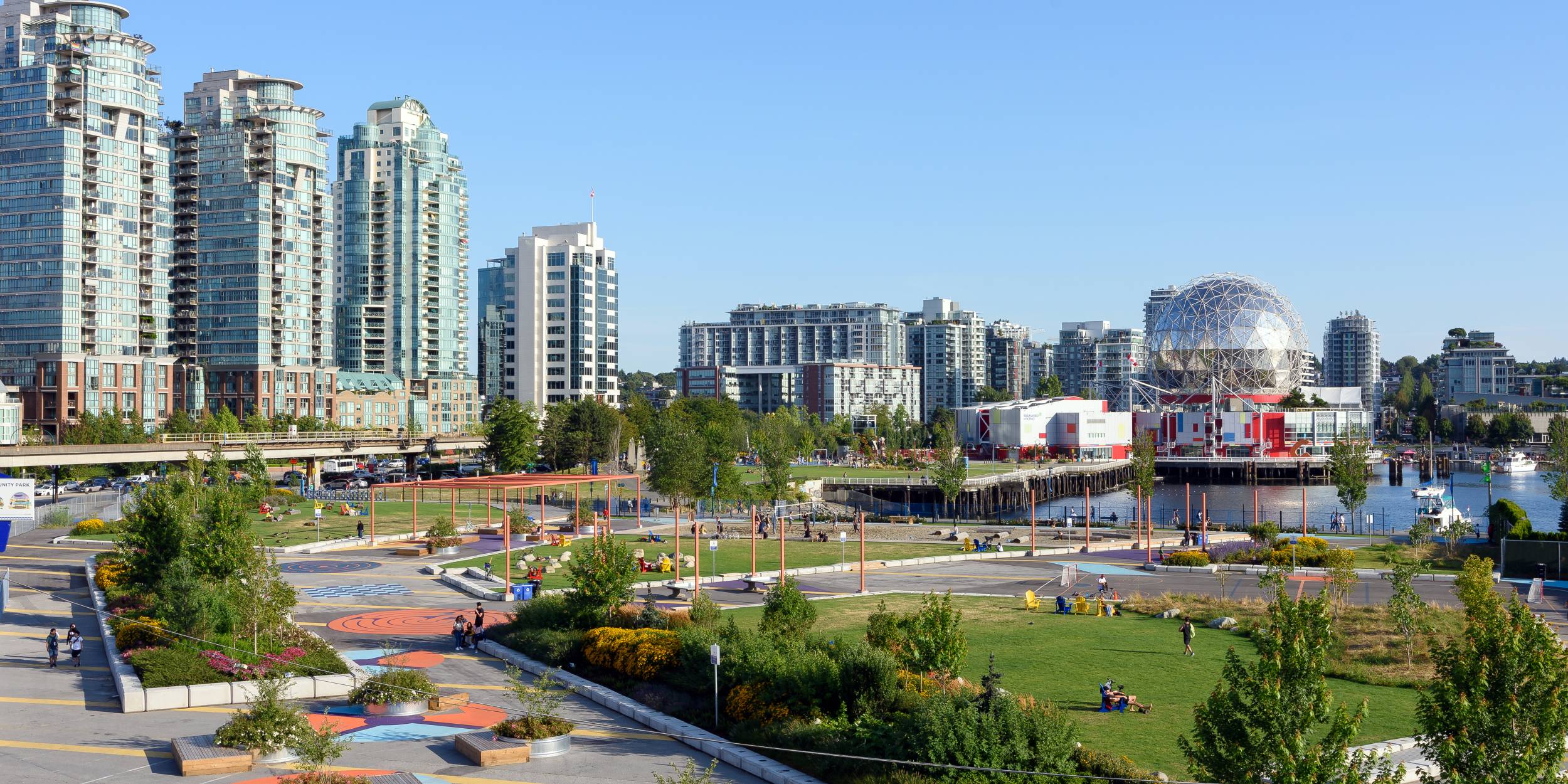 Aerial view of the pop-up park located adjacent to Science World and Vancouver's False Creek.