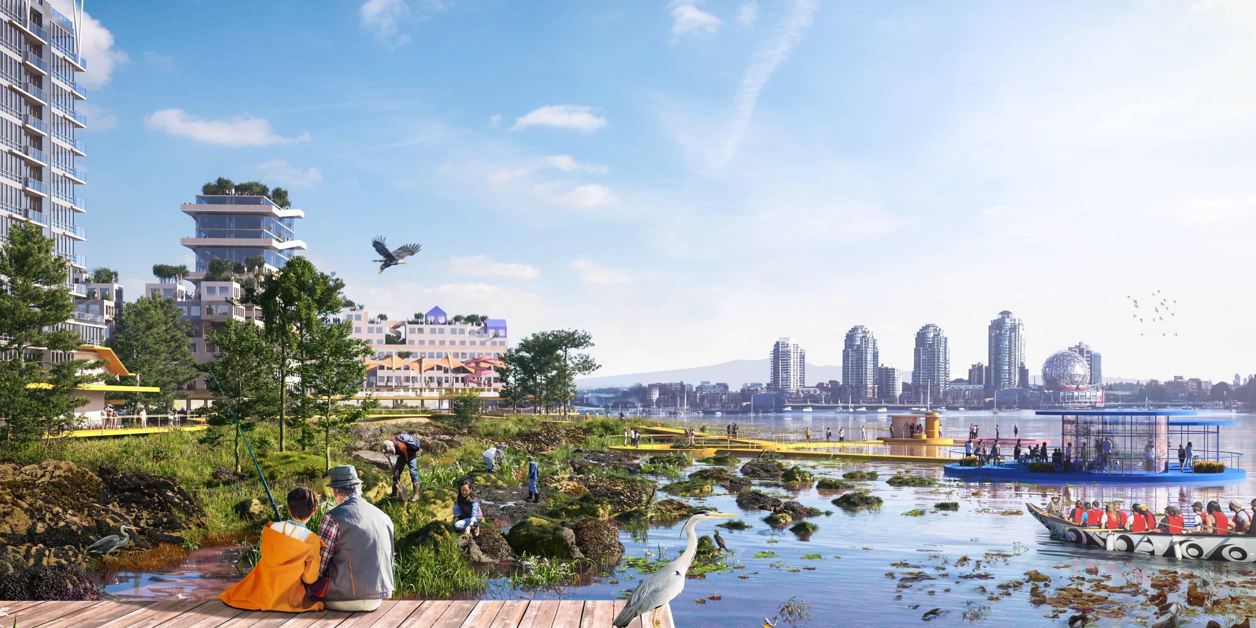 Rendering of the Cooper's Park study area in 2100. Intertidal restoration and areas of exploration, floating public infrastructure and the transformation of a major urban park into a flood adaptive public space are key components of study area.