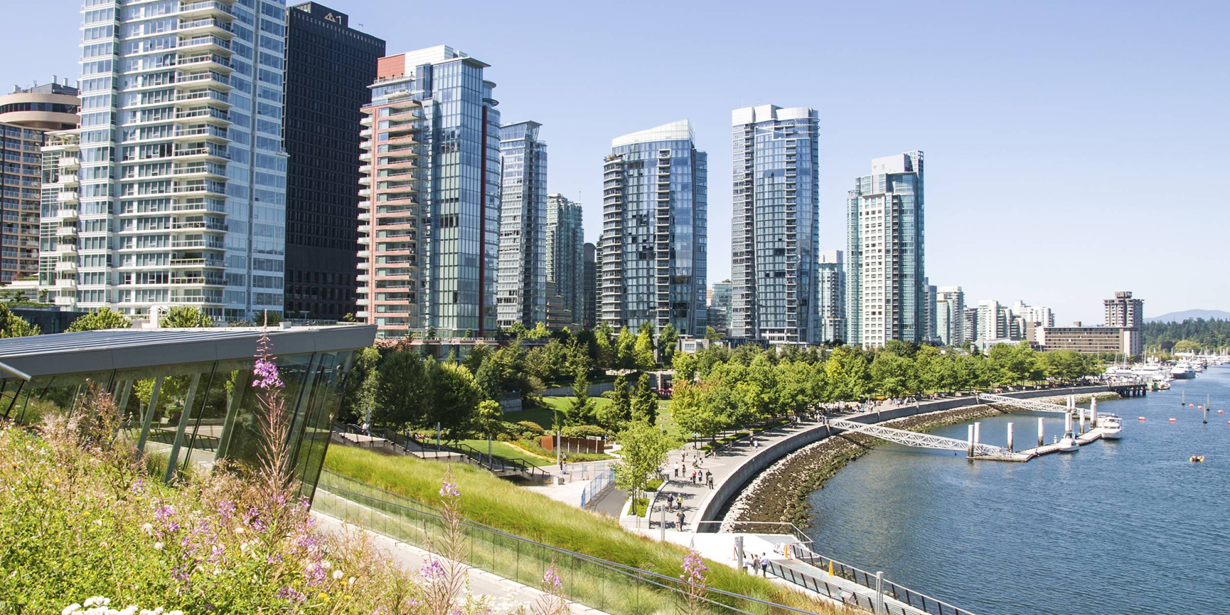 View of Coal Harbour waterfront and Harbour Green Park from the Vancouver Convention Centre.