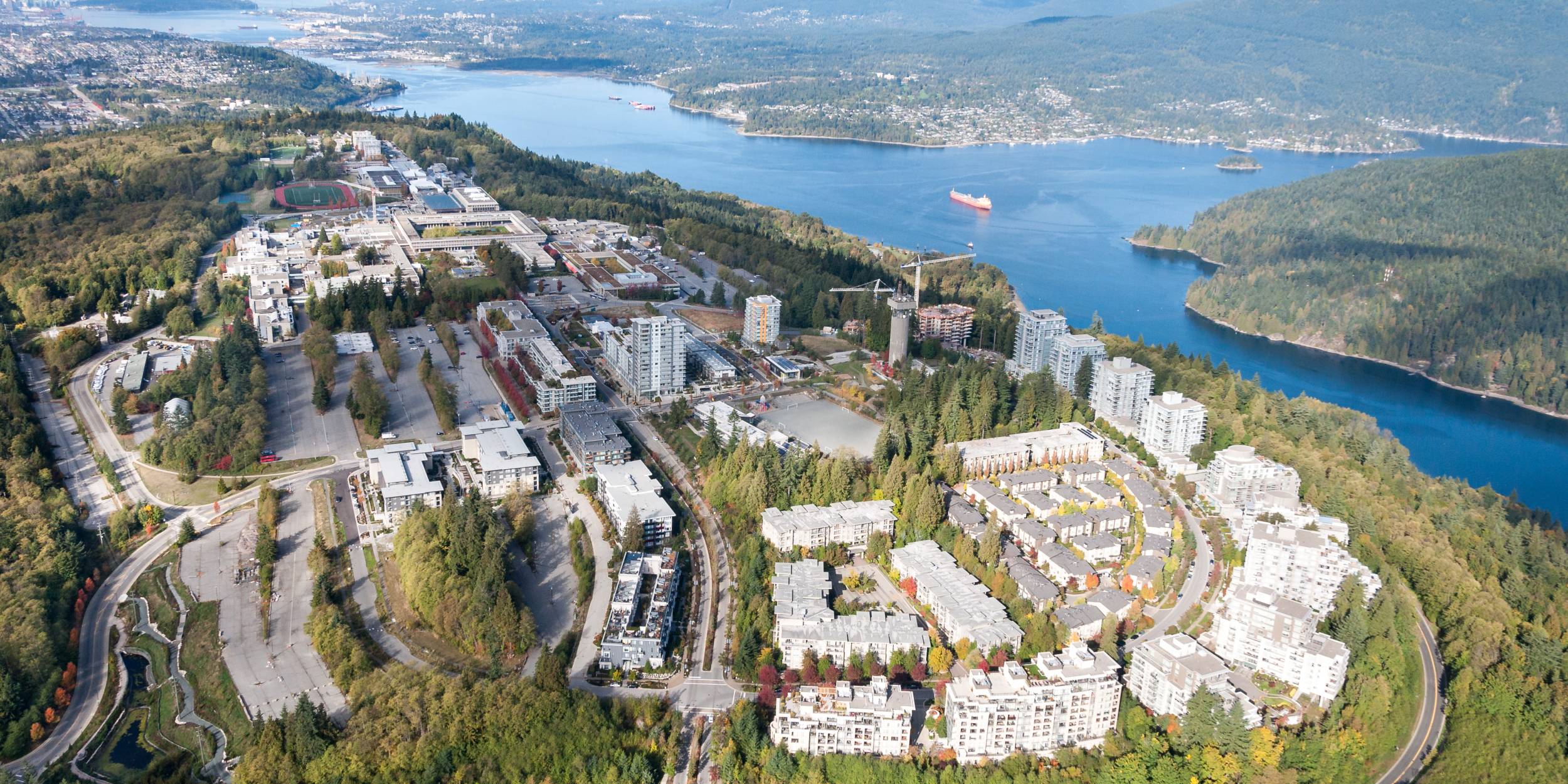 Aerial view of the UniverCity development atop Burnaby mountain.