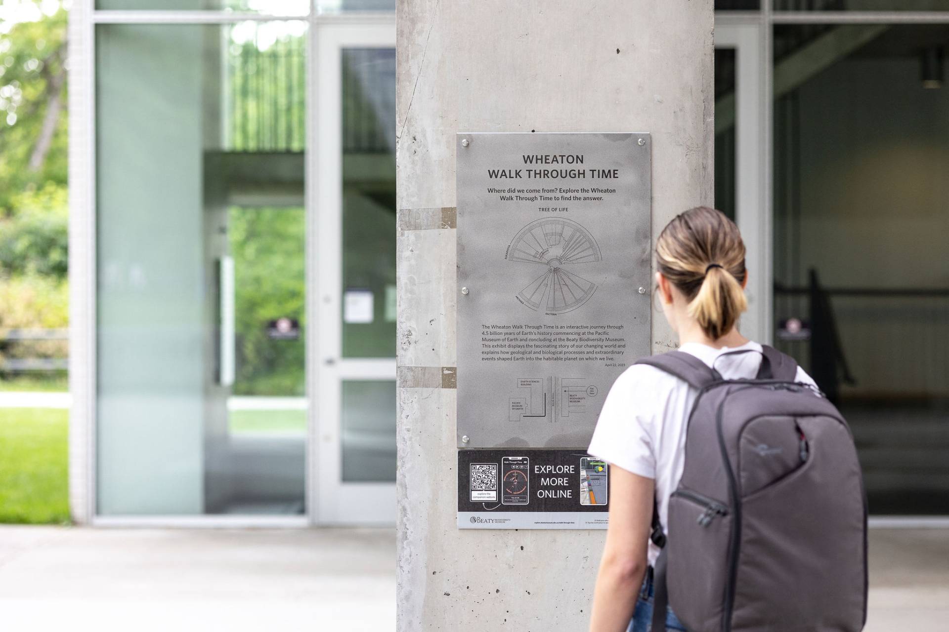 Photo of student reading an information panel.