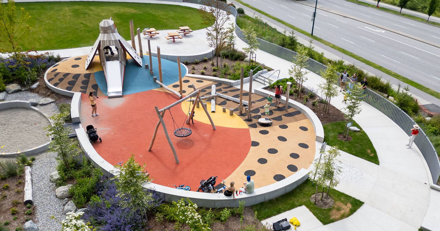 Arieal view of Promontory Park Playground in Vancouver.